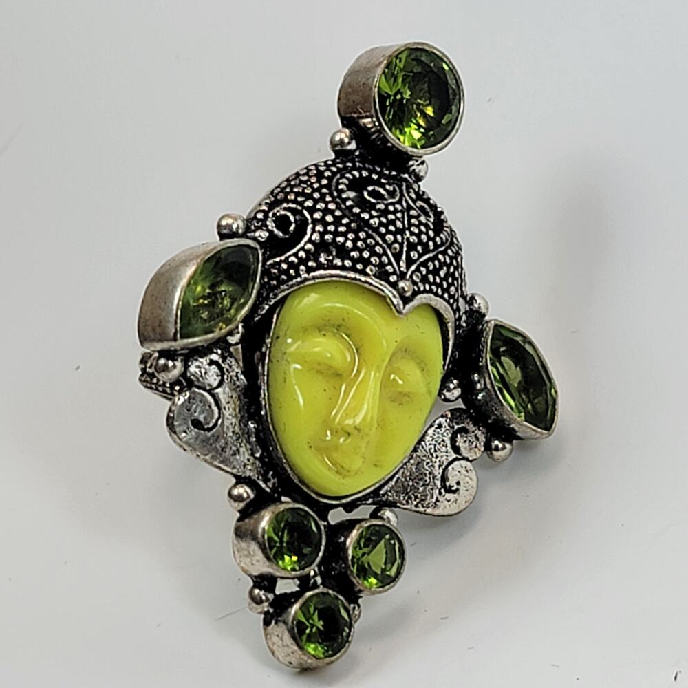 Vintage Carved Yellow Face Ring with Peridot Accents,  Silver Jewelry